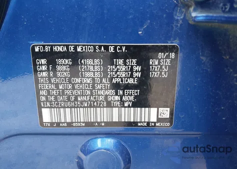 2018 Honda Hr-V Lx from USA, damaged, VIN 3CZRU6H35JM714728